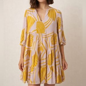 See U Soon brand tropical leaf pattern tiered dress in a pale pink and yellow